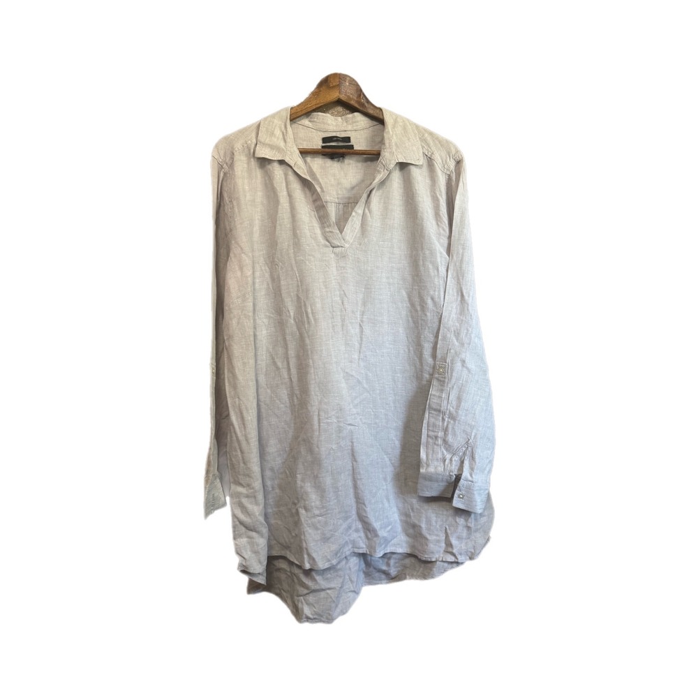 Tahari Linen Tunic Top Womens 2X Gray Excellent Long Sleeve V-Neck Roll Tab